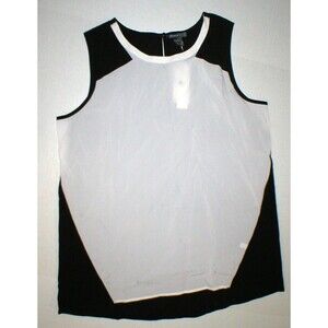 New Womens L NWT Vicinity Blouse Top Black White Front Sleeveless Ivory Office